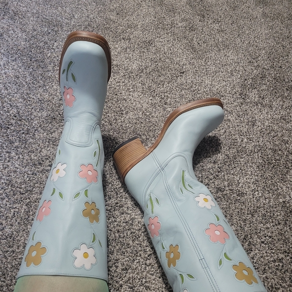 Anthropologie Light Blue Leather Floral Mid-Calf Heeled Boots - Picture 6 of 9